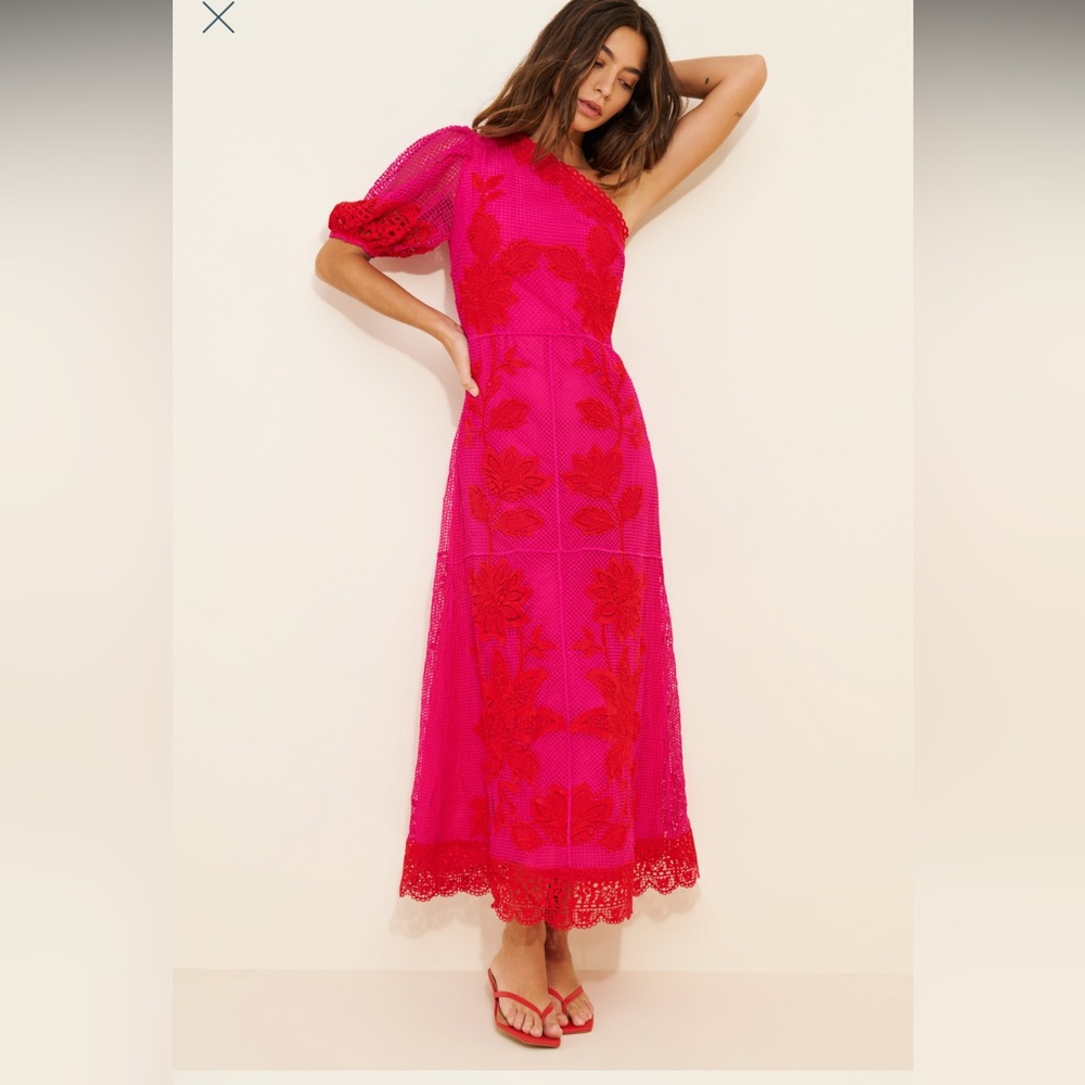 Farm Rio Guipuire Lace One Shoulder Maxi Dress